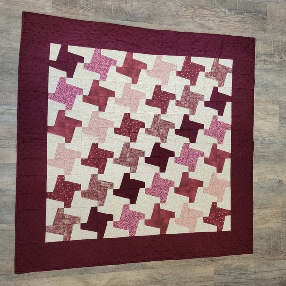 Hand Crafted Other - Handmade Quilt Throw Lap Blanket Windmill Design Burgundy Floral Cream apx 50x51